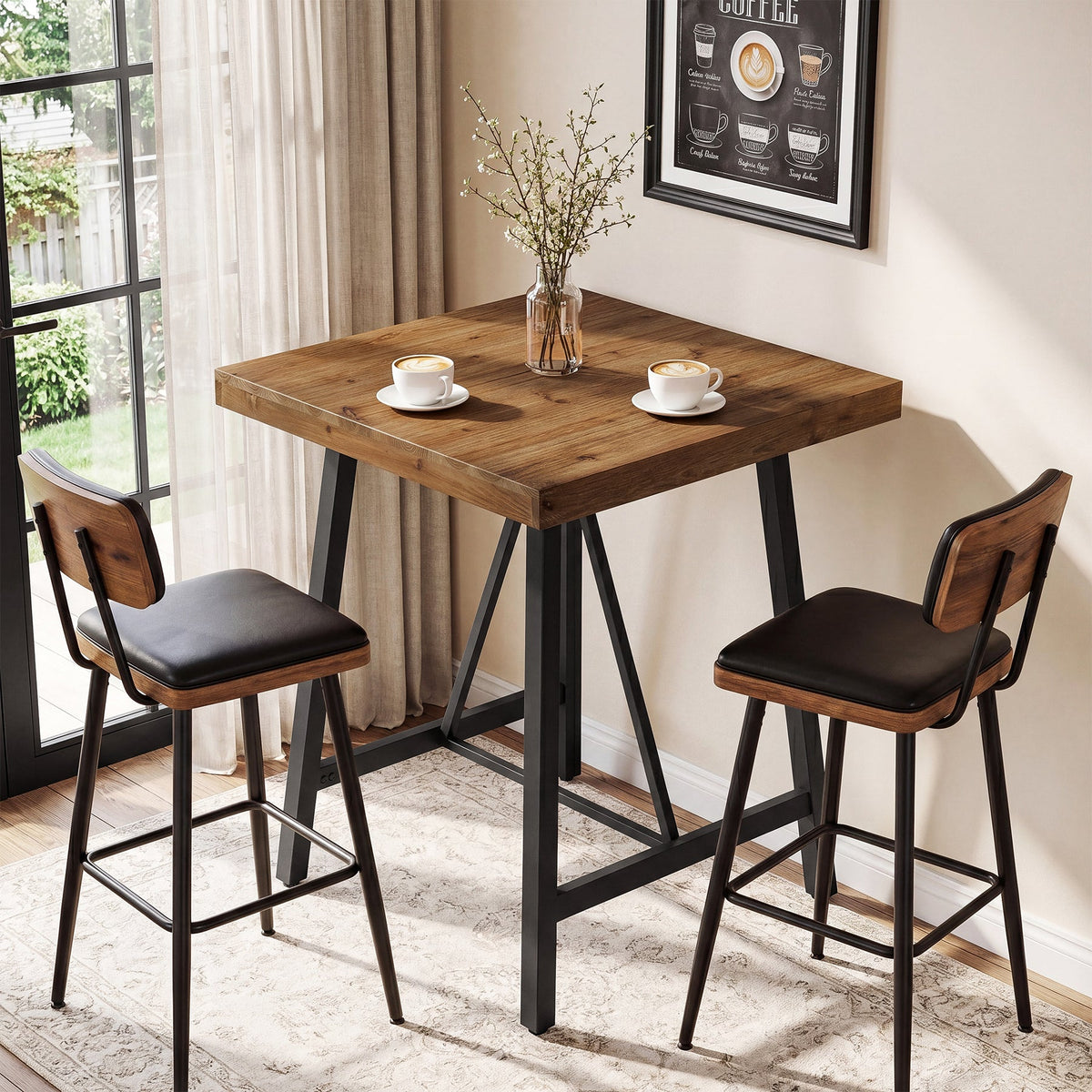 31.5-Inch Square Bar Table with Solid Wood Top and Metal Footrest, Industrial Pub Table for Home Bar Kitchen and Cafe