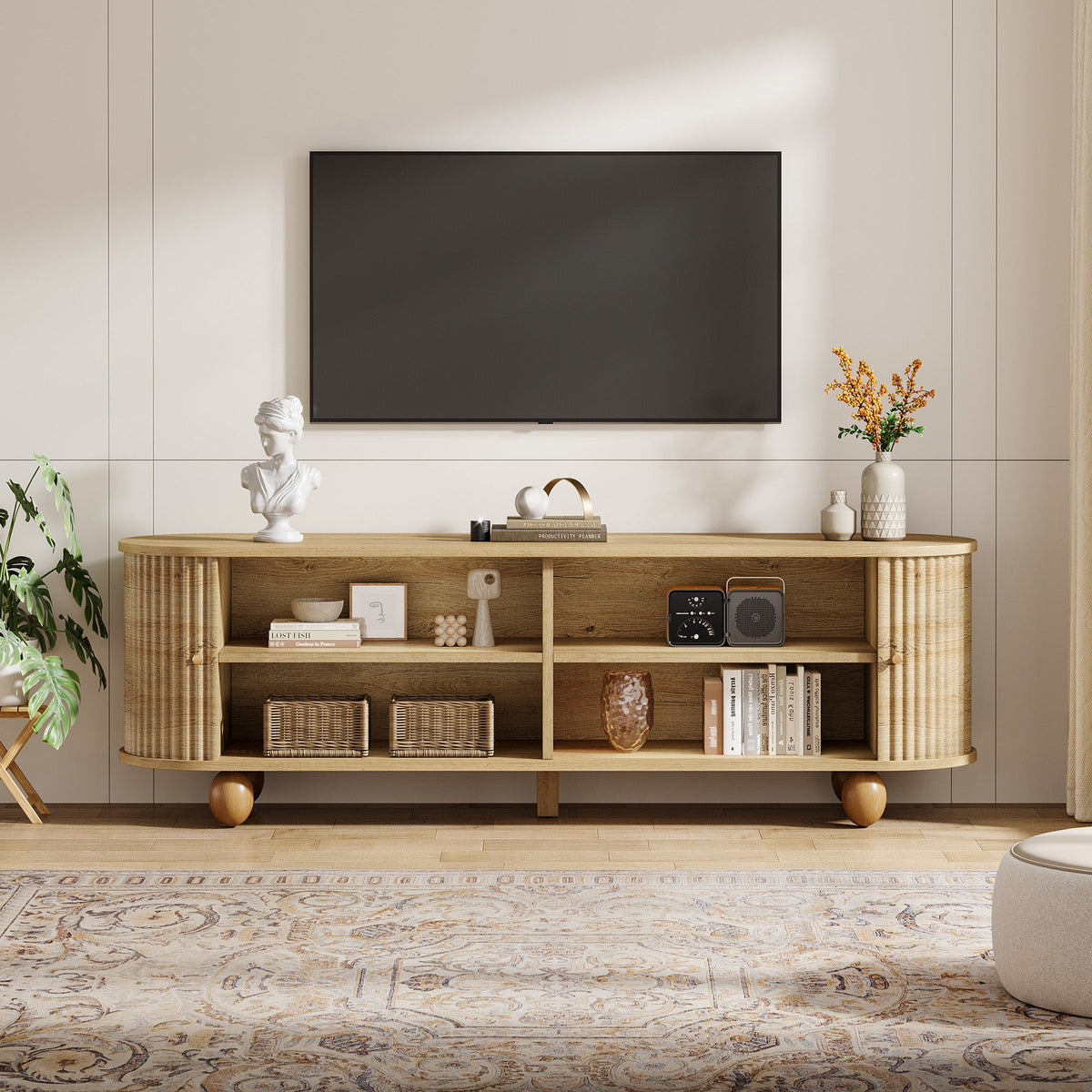70.8-Inch Farmhouse Fluted TV Stand with Sliding Doors and Storage Shelves, Extra Long Media Console for 65 70 and 75 Inch TVs
