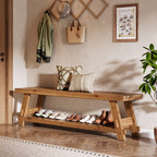63 Inch Solid Wood Shoe Storage Bench for 6 Pairs, Farmhouse Entryway Seat with Shelf