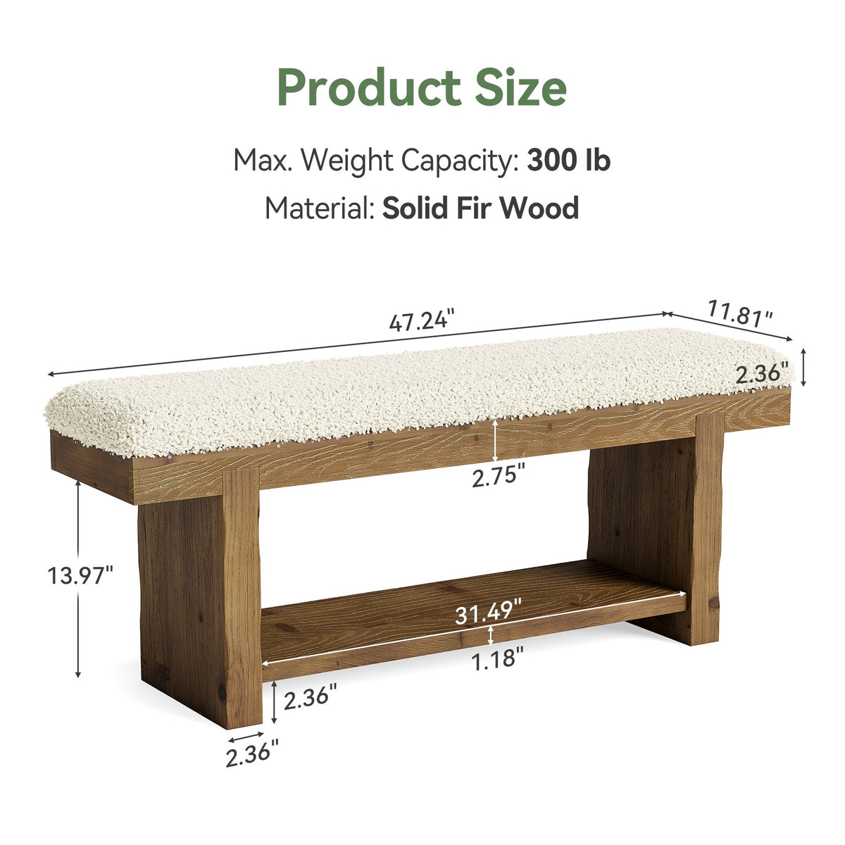 47.2-Inch Farmhouse Entryway Bench with Storage Shelf, Solid Wood Upholstered Shoe Bench for Mudroom