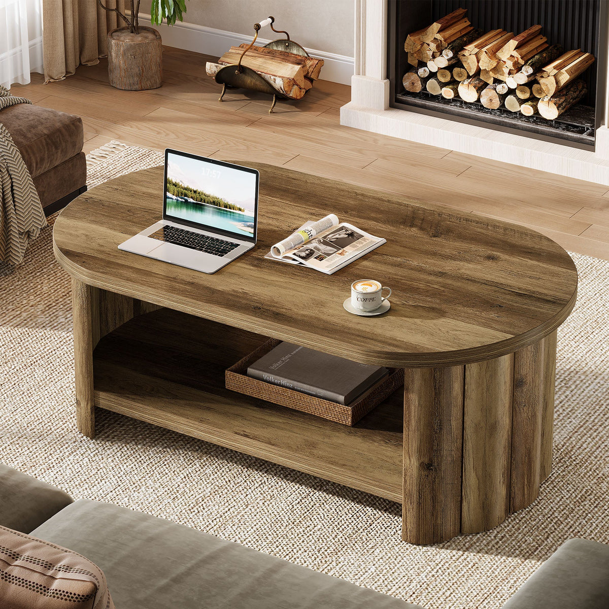 47.24-Inch Oval Coffee Table with 2-Tier Storage Shelf and Dual Base, Farmhouse Accent Center Table