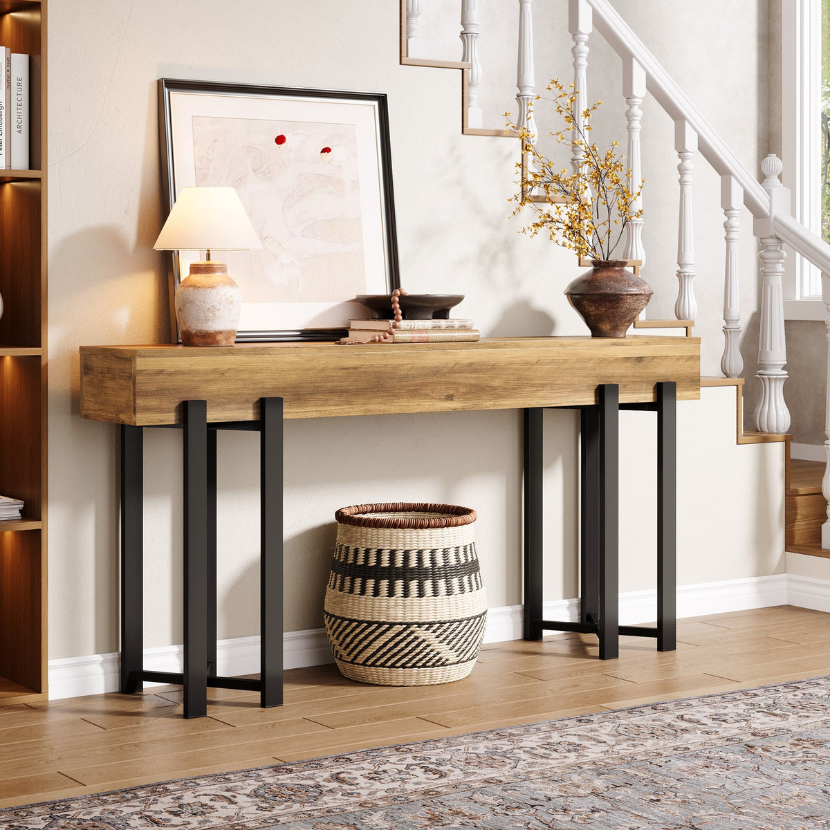 63" Industrial Console Table with Metal Frame, Wooden Sofa Table for Entryway and Living Room