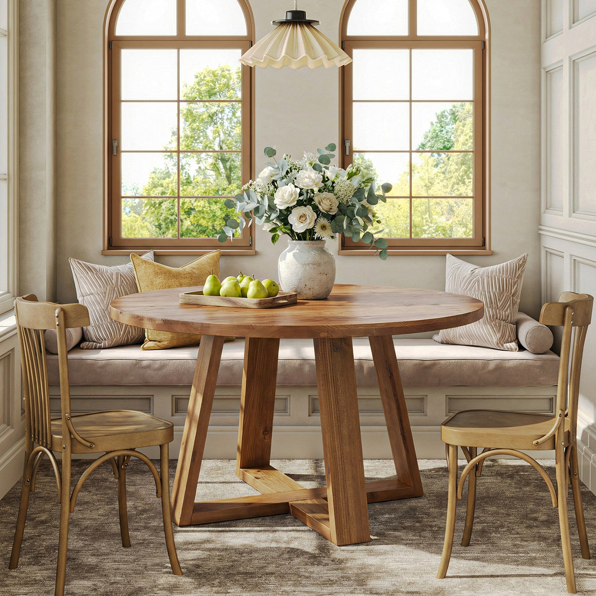 47.2 Inch Solid Wood Round Dining Table for 4, Farmhouse Kitchen Table with Trestle Base