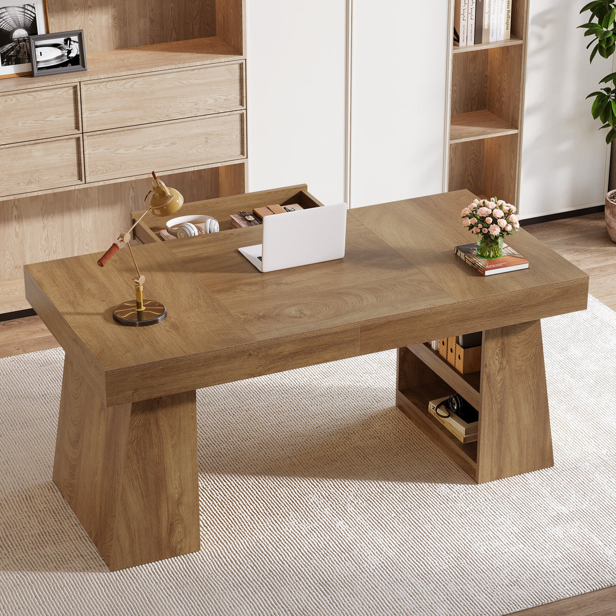 55 Inch Executive Desk with Drawer, Large Office Computer Desk with Storage Shelves for Home Office