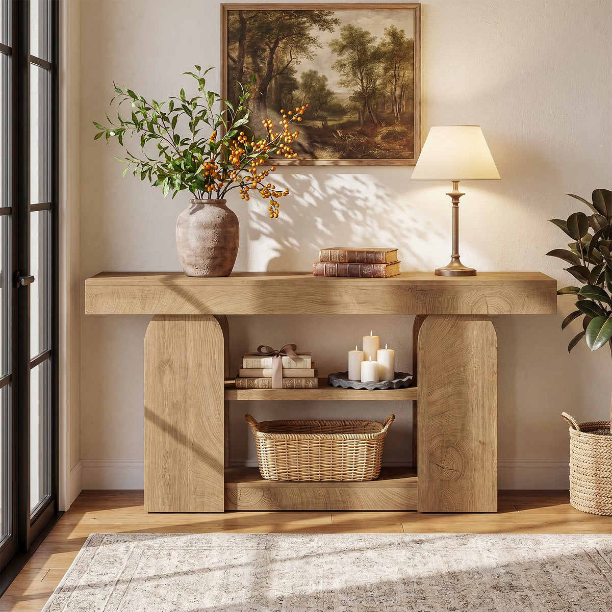 63-Inch Farmhouse Console Table with 3-Tier Storage Shelves, Long Narrow Entryway Table for Living Room and Hallway