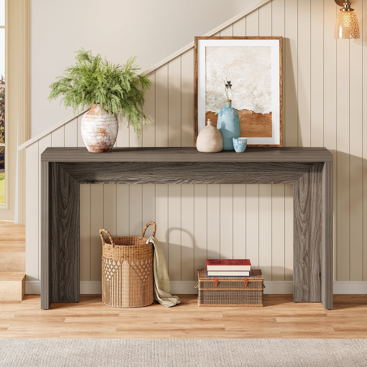 55-Inch Farmhouse Console Table with Storage, Narrow Wooden Entryway Sofa Table