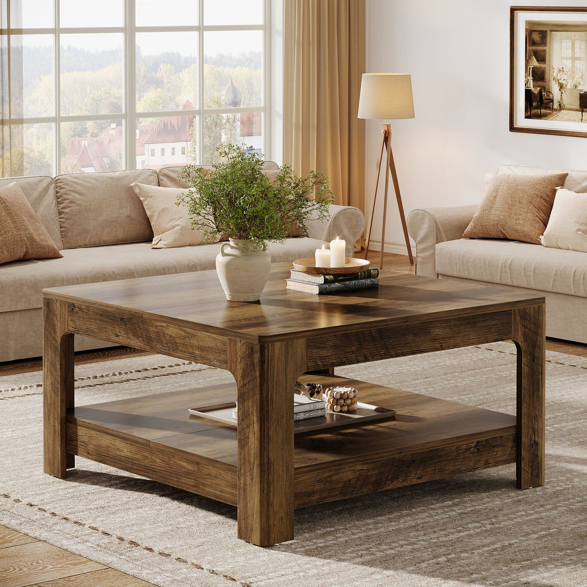 39.4-Inch Square Coffee Table, Large Farmhouse Center Table with Storage Shelf for Living Room