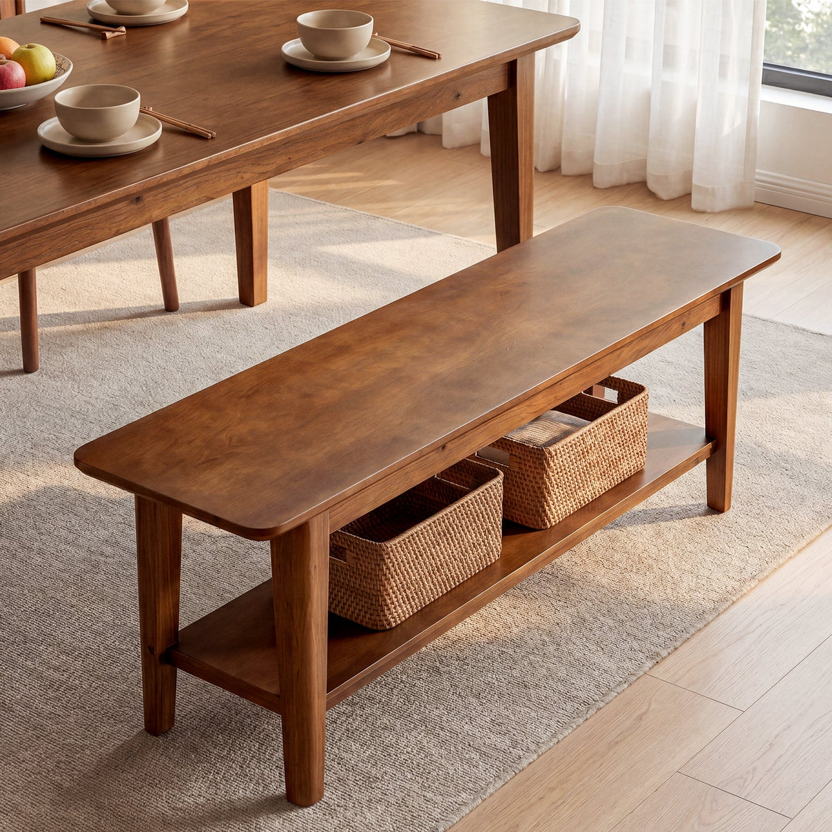 55-Inch Farmhouse Bench with Storage Shelf, Wooden Dining Seating for Kitchen Dining Room and Patio