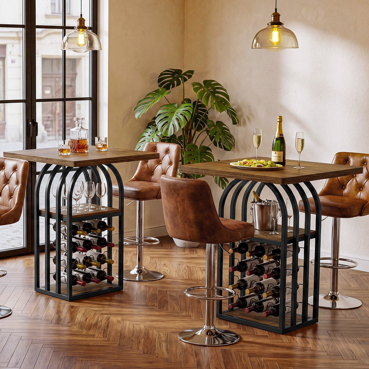 35.43-Inch Square Bistro Pub Table with Wine Rack, Home Bar Table for Kitchen and Living Room