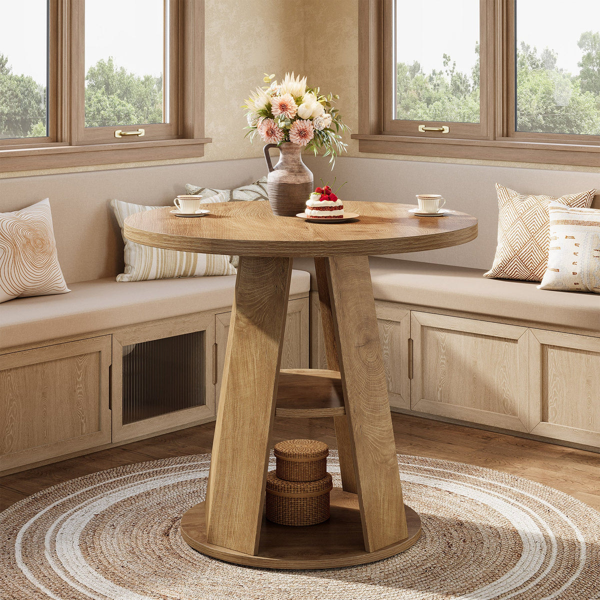 31.5-Inch Round Dining Table for 2-4, Space-Saving Farmhouse Kitchen Table with 2-Tier Storage Shelf for Small Spaces