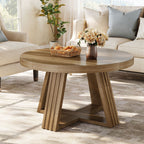 31.5-Inch Round Coffee Table with Thick MDF Tabletop and Cross Base, Rustic Farmhouse Center Table for Living Room