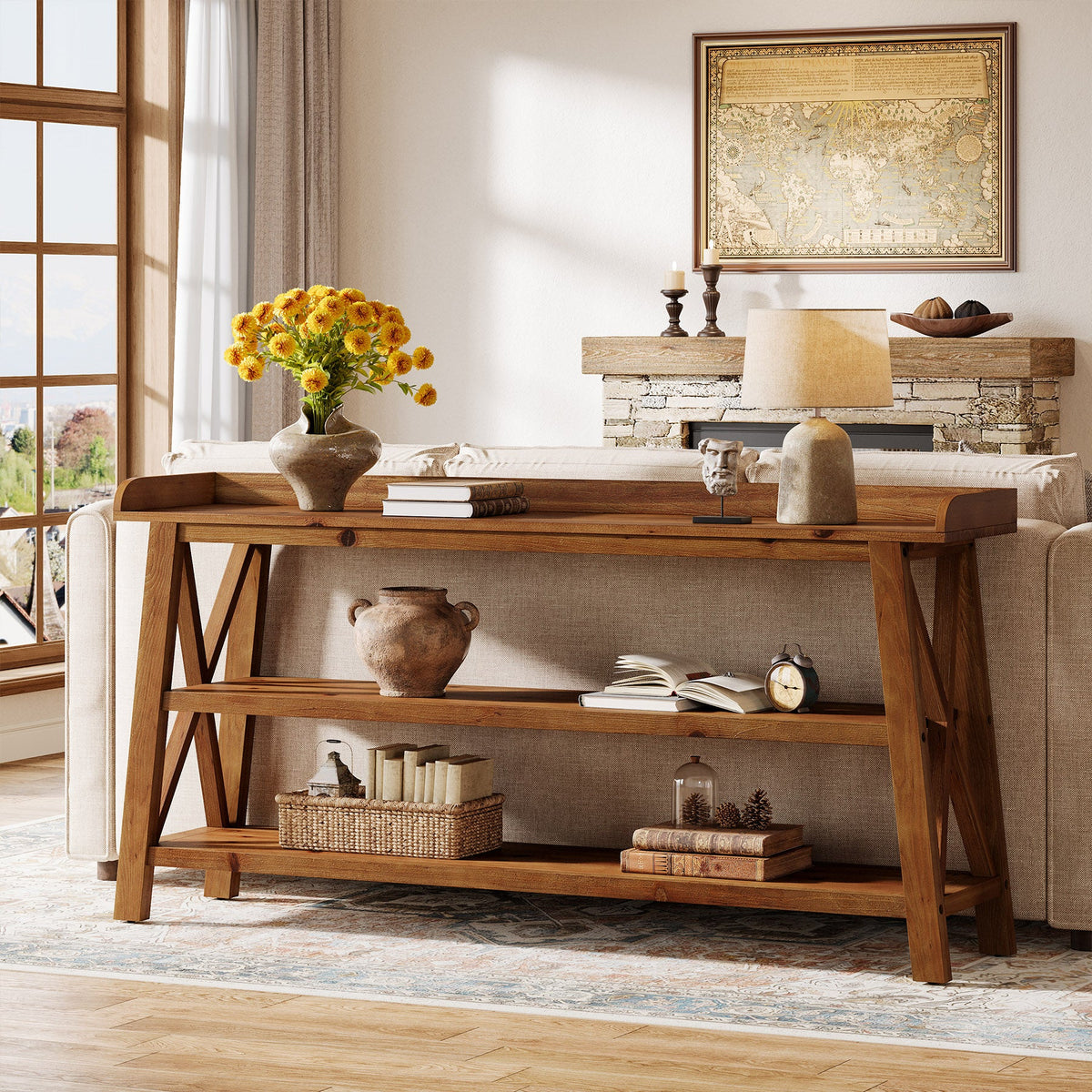 63-Inch Solid Wood Console Table with X-Frame, 3-Tier Hallway Table for Living Room