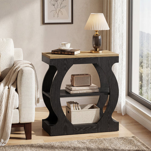 23.6 Inch Narrow End Table with 3-Tier Storage, Wooden Side Table with Curved Frame