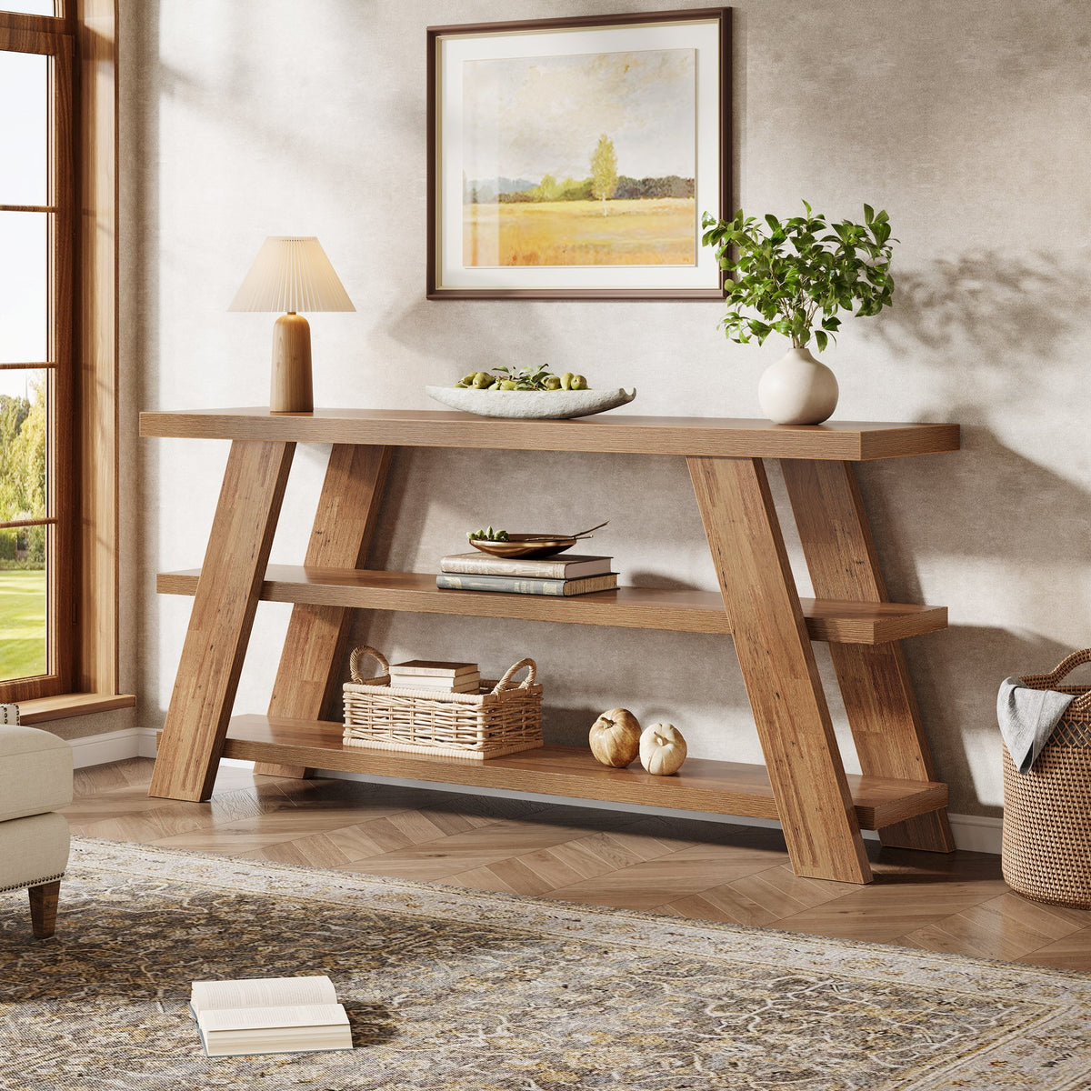 70.9" Farmhouse Console Table, 3-Tier Narrow Sofa Table with Storage