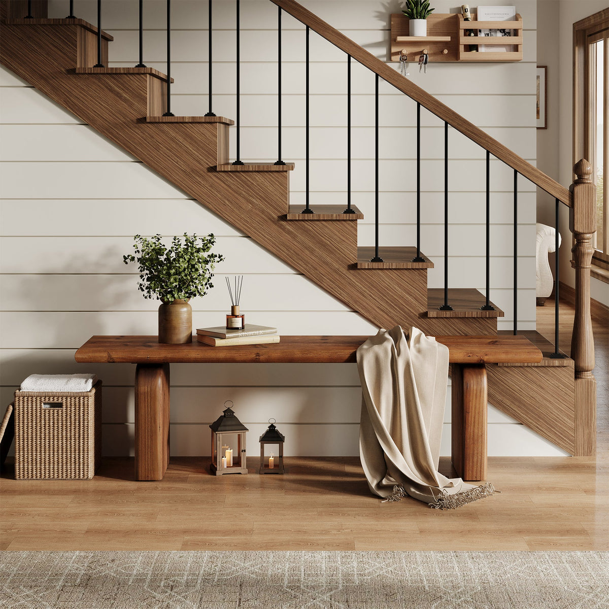 62.99 Inch Solid Wood Entryway Bench, Farmhouse End of Bed Bench for Bedroom and Hallway