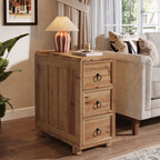 11.81 Inch Narrow Solid Wood Side Table with 3 Drawers, Slim Bedside Table for Bedroom