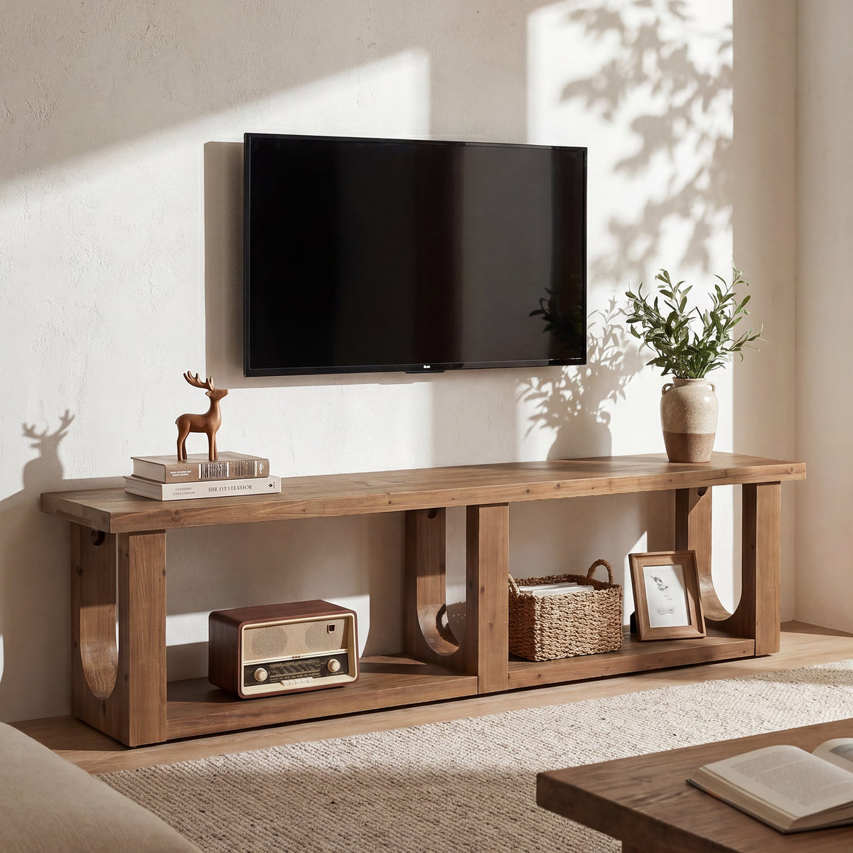 70-Inch Solid Wood TV Stand with 2-Tier Storage, Farmhouse Media Console for Living Room