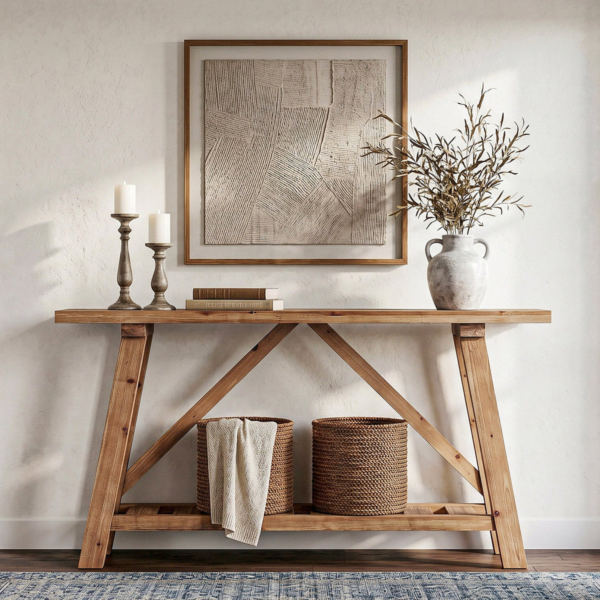 62.99-Inch Solid Wood Console Table, Narrow Design with Storage Shelf for Entryway Living Room and Hallway