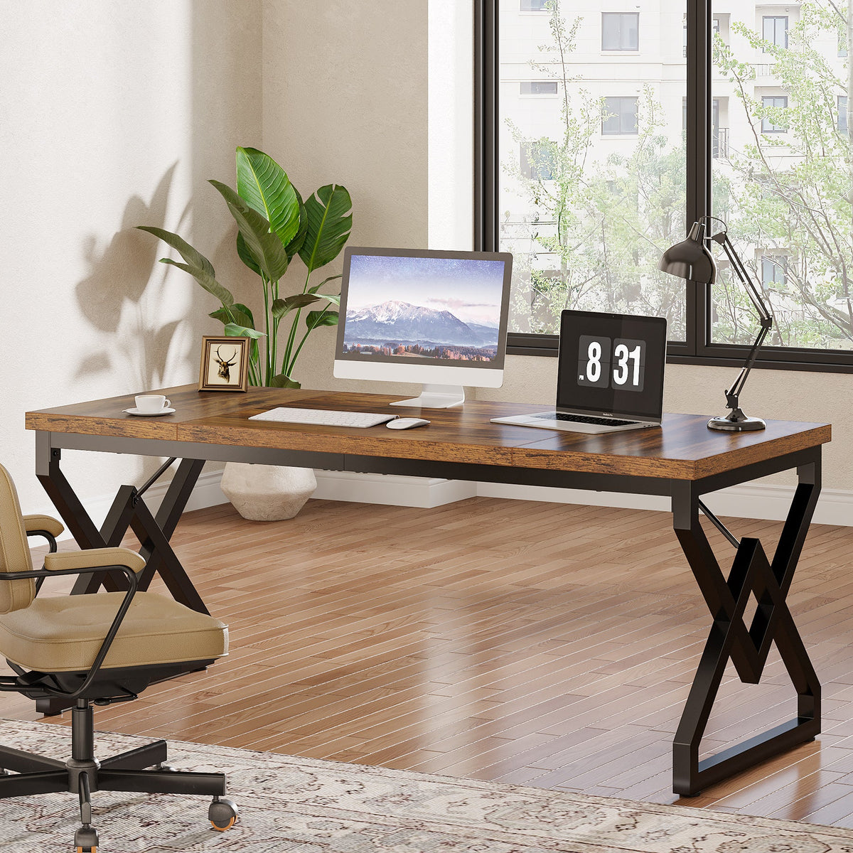 63-Inch Large Office Desk, Industrial Computer Executive Desk with Extra Thick Wood-Look Top and Metal Frame for Home Office