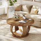 31.5" Wooden Circle Coffee Table, 2-Tier Storage for Small Spaces