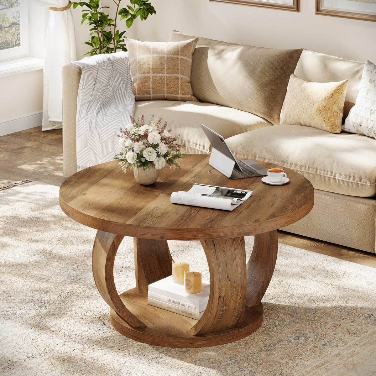 31.5" Wooden Circle Coffee Table, 2-Tier Storage for Small Spaces