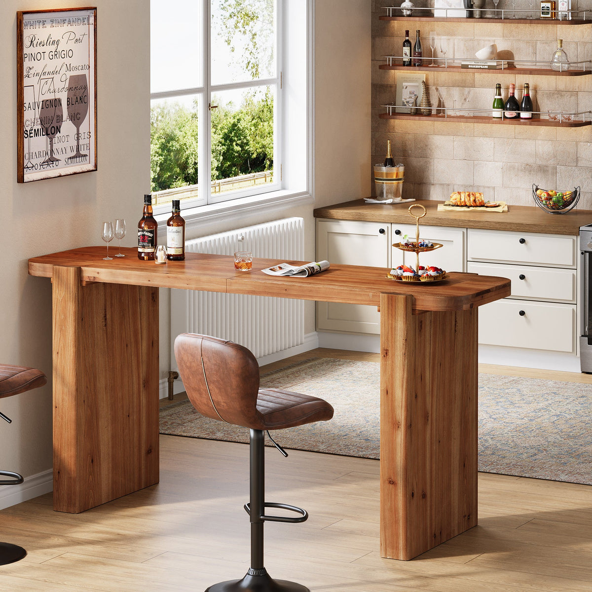 63-Inch Solid Wood Bar Table, Counter Height Pub Table for Kitchen and Dining Room