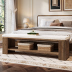 63 Inch Solid Wood Bench with Removable Faux Lambswool Cushion, Farmhouse End of Bed Seat