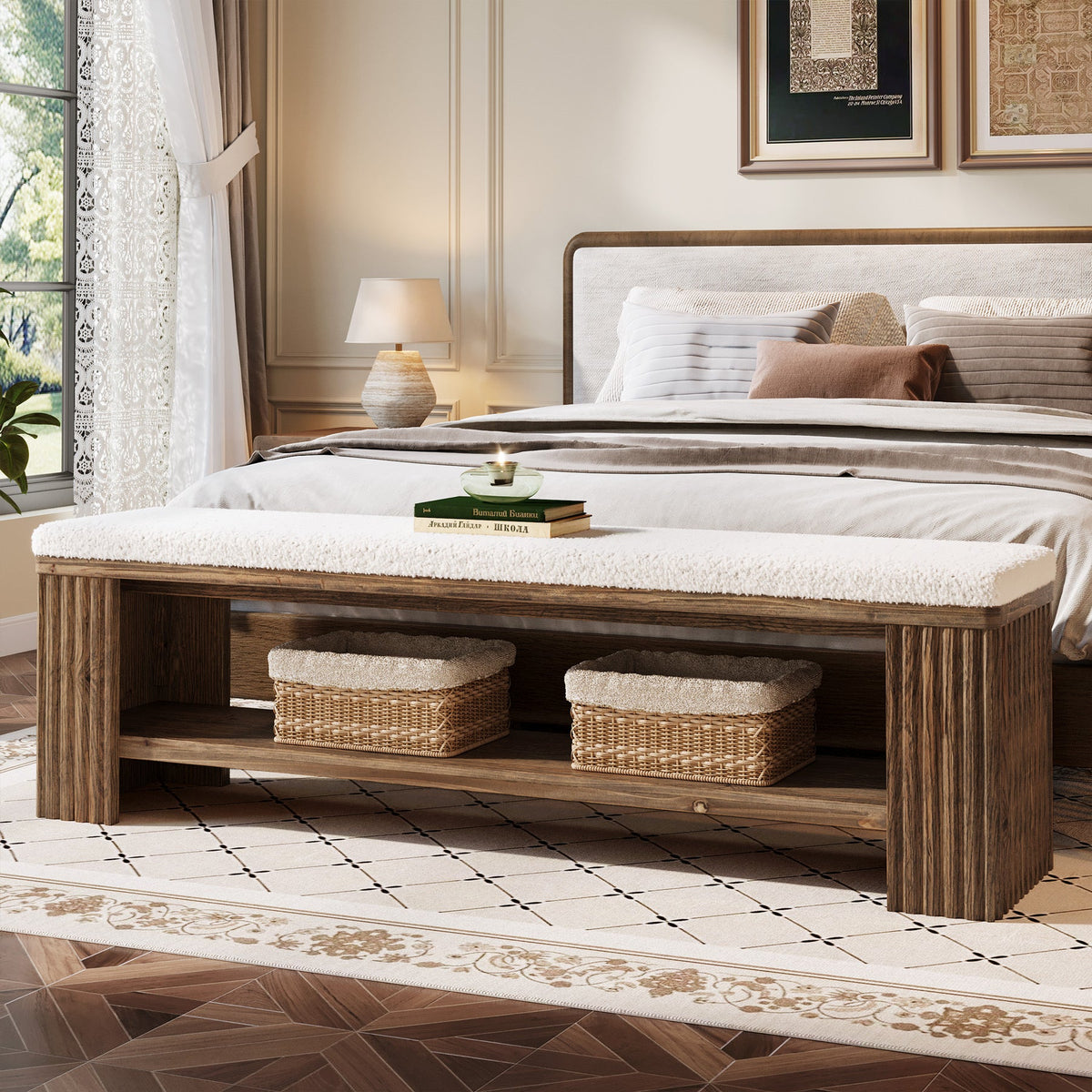 63 Inch Solid Wood Bench with Removable Faux Lambswool Cushion, Farmhouse End of Bed Seat