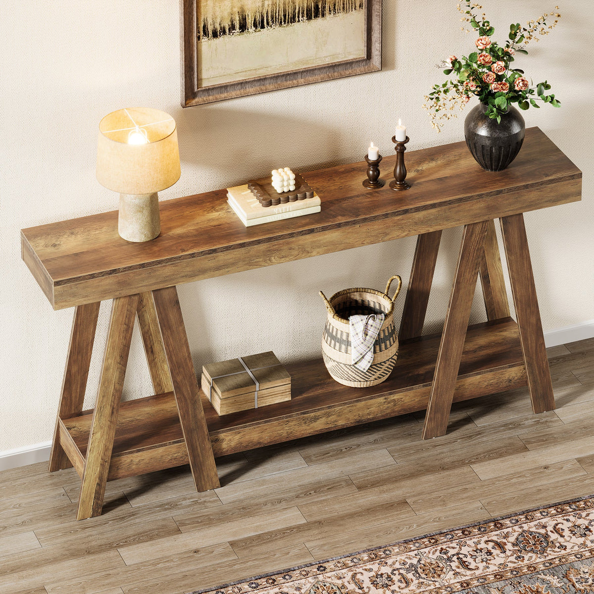 70.87-Inch Farmhouse Console Table with 2-Tier Storage and A-Shaped Frame, Narrow Entryway Sofa Table for Living Room and Foyer