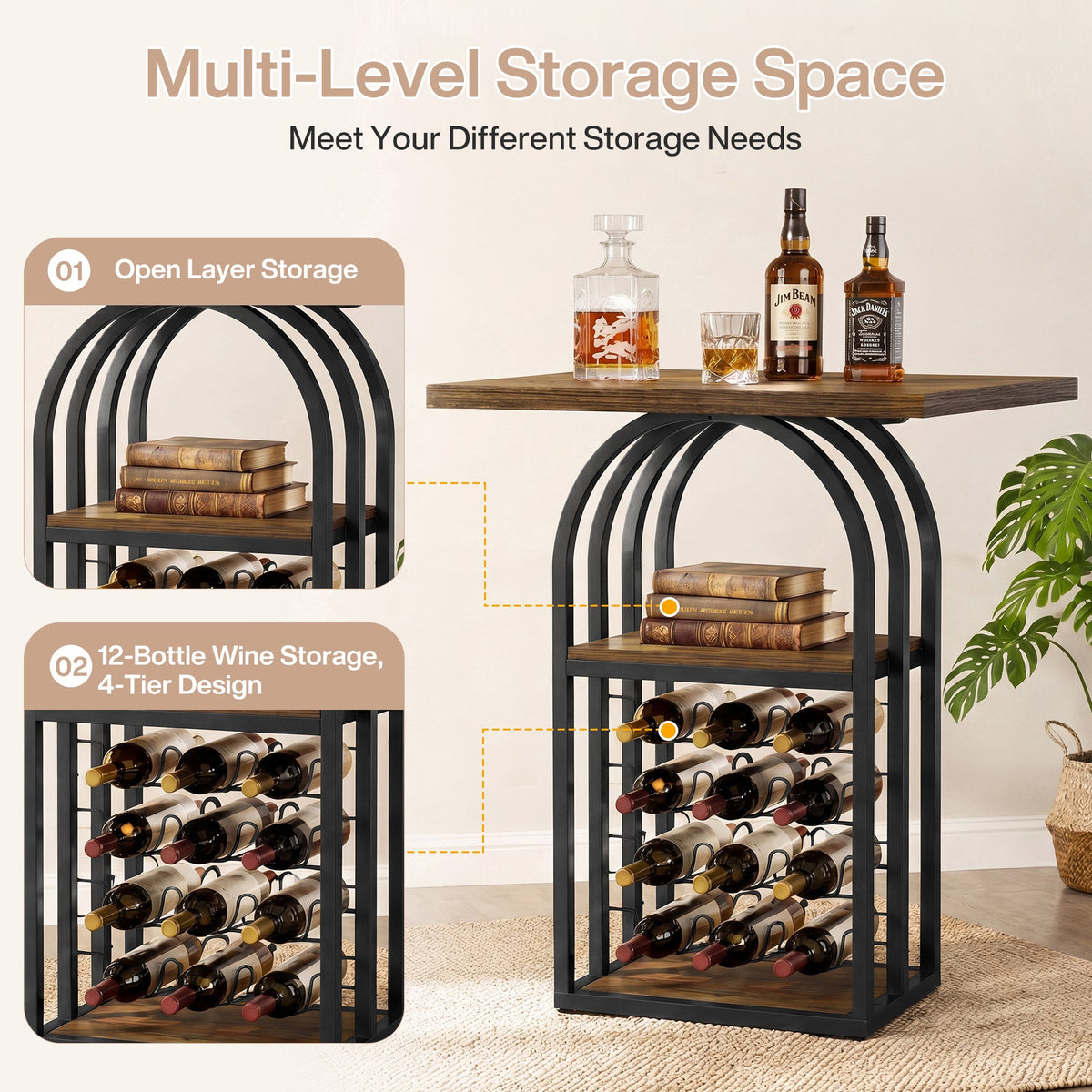 35.43-Inch Square Bistro Pub Table with Wine Rack, Home Bar Table for Kitchen and Living Room