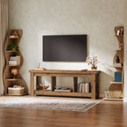 63-Inch Solid Wood TV Stand with 3 Open Storage Shelves, Farmhouse Entertainment Center for TVs up to 75 Inches