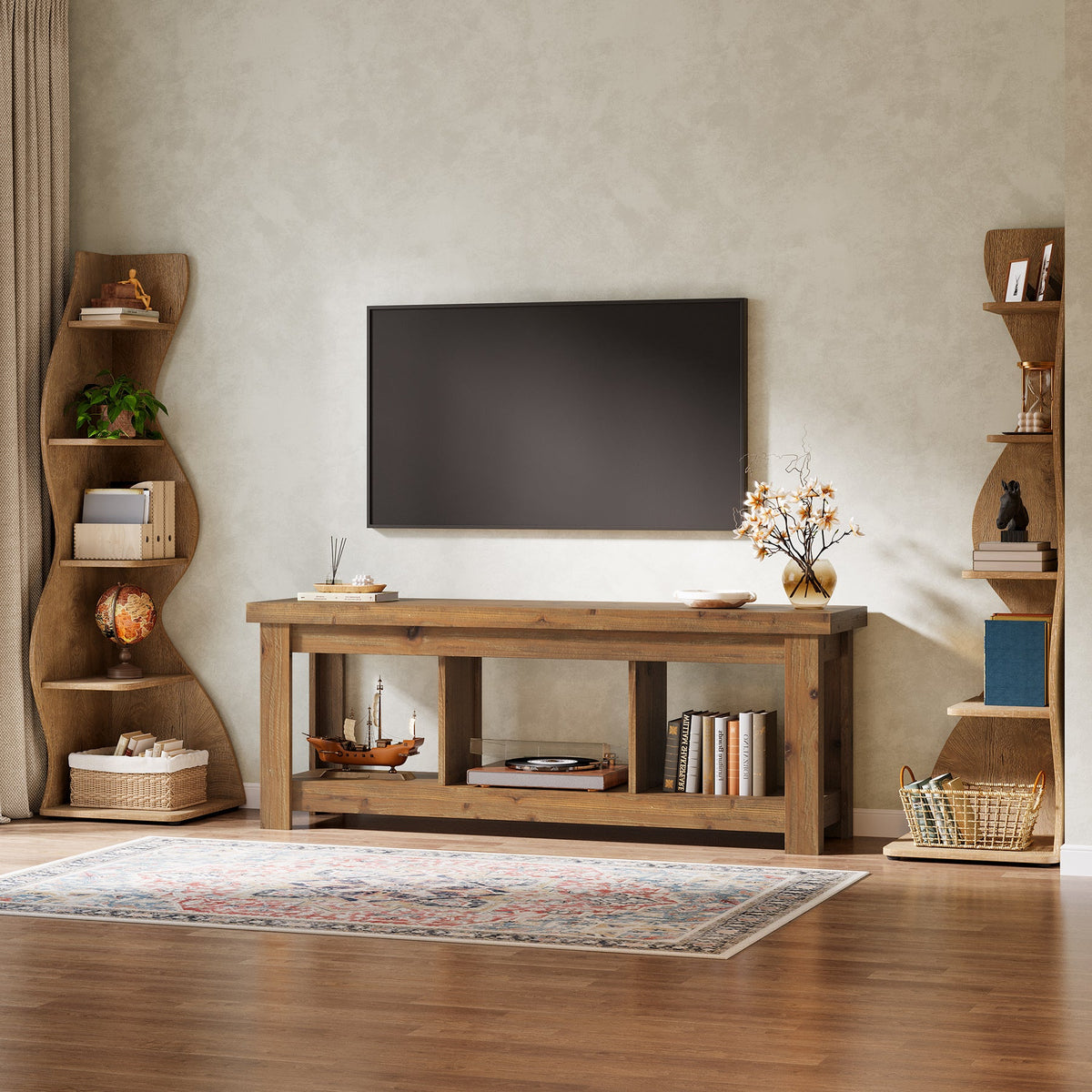 63-Inch Solid Wood TV Stand with 3 Open Storage Shelves, Farmhouse Entertainment Center for TVs up to 75 Inches