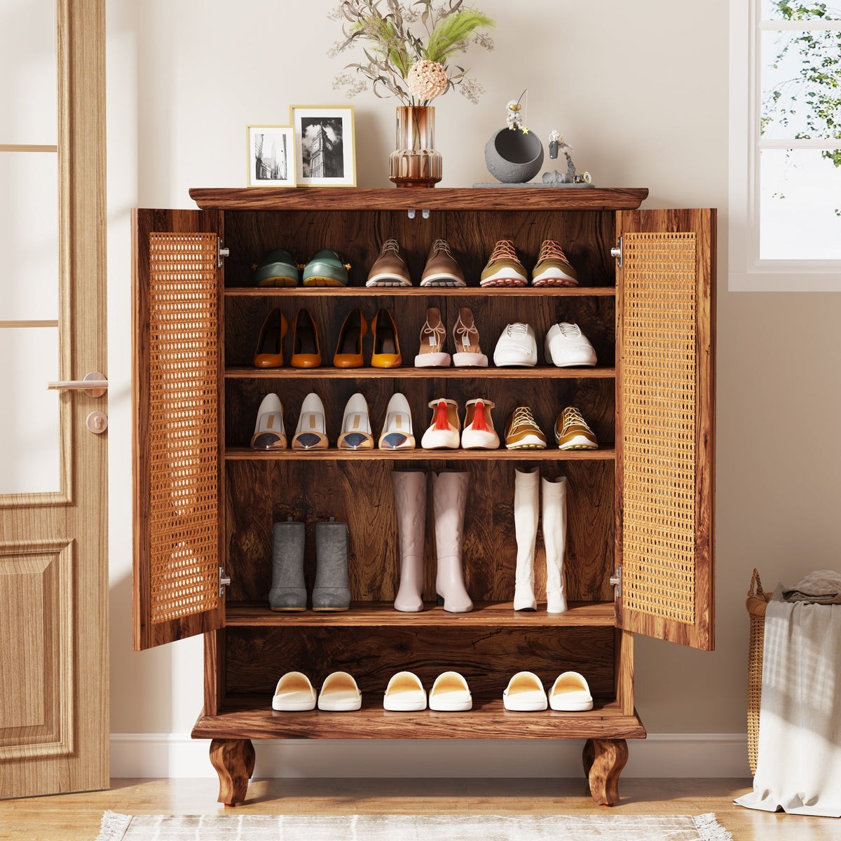 Rattan Shoe Cabinet, 5-Tier Hidden Shoe Storage for Entryway
