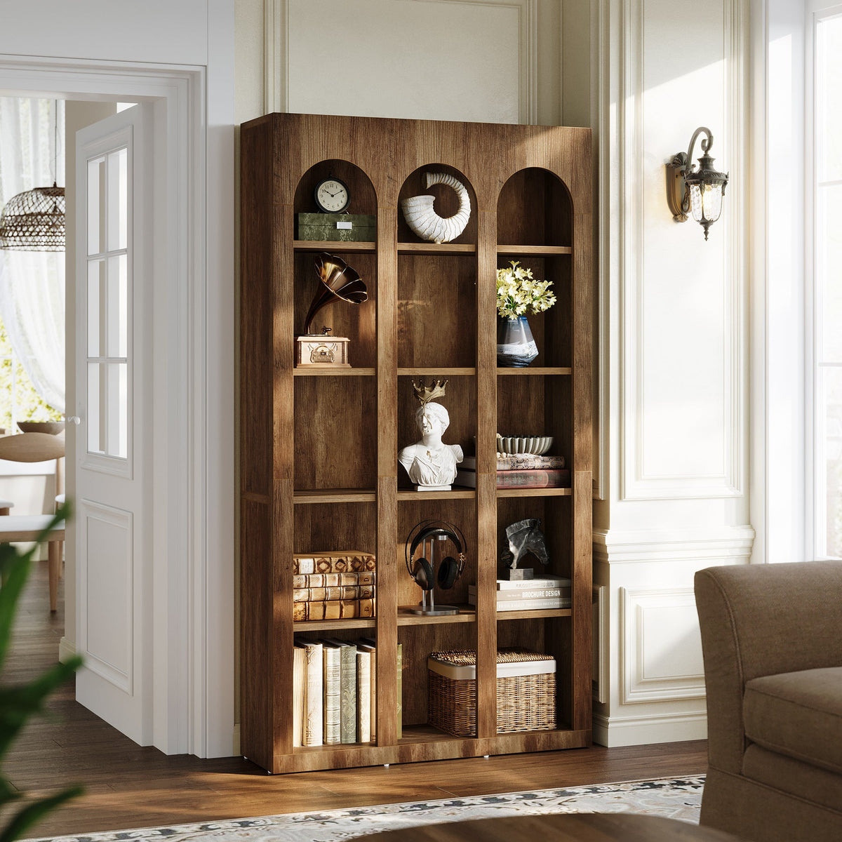 70.87-Inch 5-Tier Arched Bookcase, Mid Century Modern Tall Bookshelf with Open Shelves for Home Office