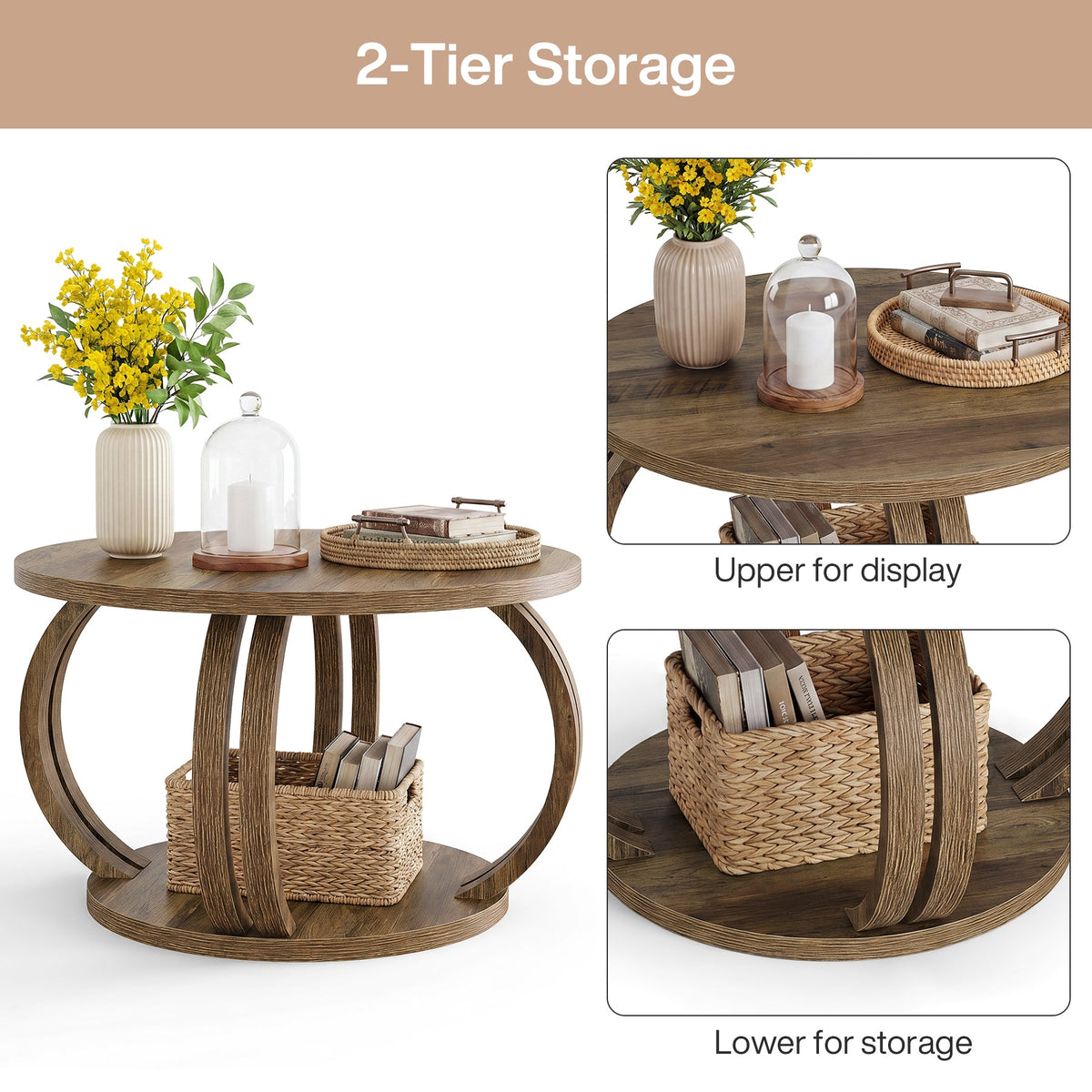 31.5 Inch Round Coffee Table with Storage, Sculptural Curved Base for Living Room
