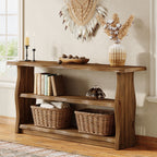 63-Inch Solid Wood Console Table with 3-Tier Open Storage, Rustic Pinewood Entryway Table for Hallway