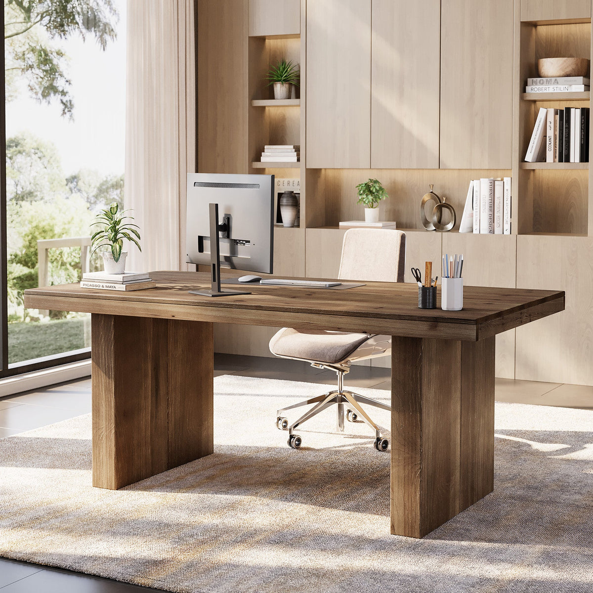 63-Inch Solid Wood Executive Desk with Spacious Tabletop and Sturdy Wooden Legs, Farmhouse Computer Desk for Home Office Study and Workstation