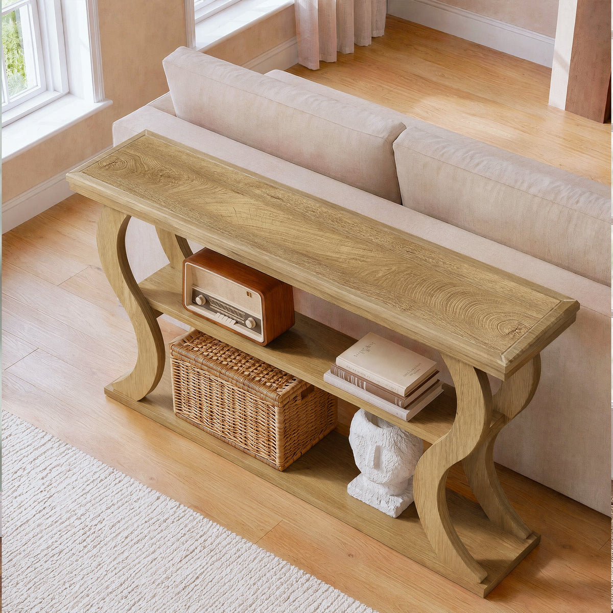 55 Inch Console Table with 3-Tier Storage, Farmhouse Hallway Table with Wave Legs