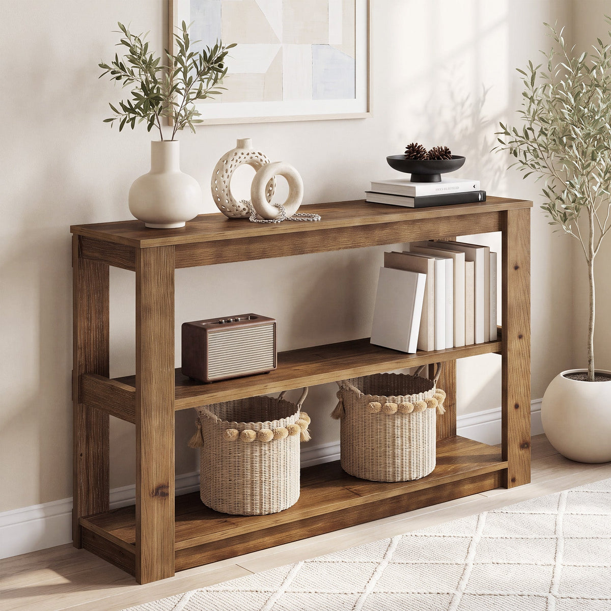 41.3 Inch Solid Wood Console Table with 3-Tier Storage, Farmhouse Hallway Table