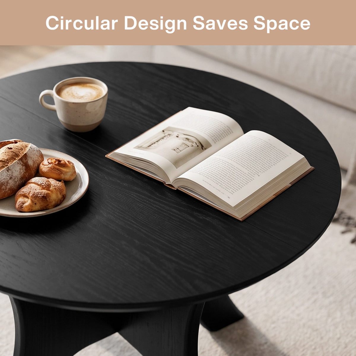 31.1 Inch Round Coffee Table with Cross Base, Modern Black Table for Living Room