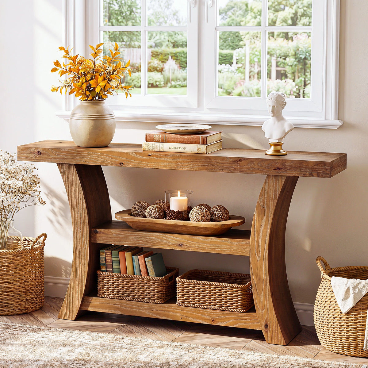 55-Inch Solid Wood Console Table with 3-Tier Storage, Curved Entryway Table for Hallway
