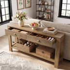 55.12 Inch Solid Fir Wood Console Table with 2 Drawers, Narrow Hallway Table with Shelf