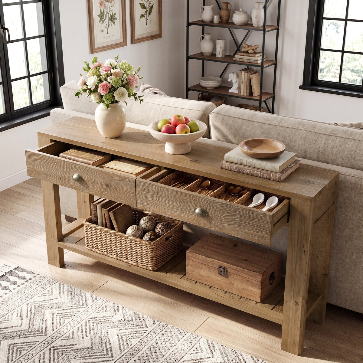 55.12 Inch Solid Fir Wood Console Table with 2 Drawers, Narrow Hallway Table with Shelf