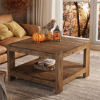 31.5-Inch Square Farmhouse Coffee Table with Storage Shelf, Solid Wood Center Table for Living Room