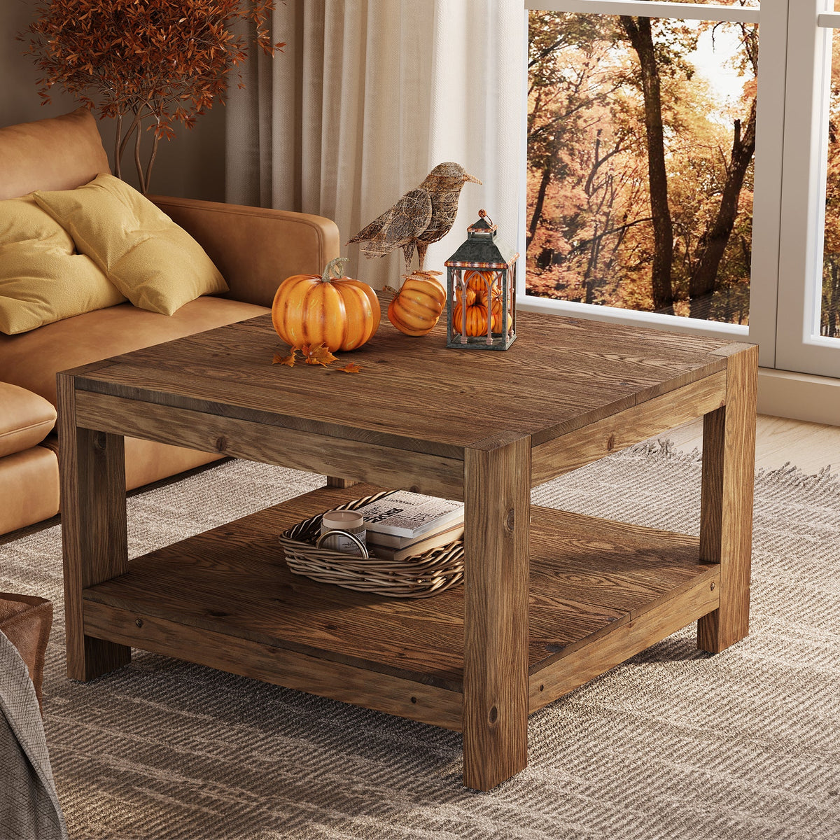 31.5-Inch Square Farmhouse Coffee Table with Storage Shelf, Solid Wood Center Table for Living Room