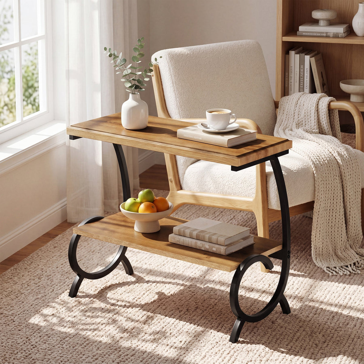 23.6-Inch Tall 2-Tier End Table, Narrow Couch Side Table with J-Shaped Metal Legs