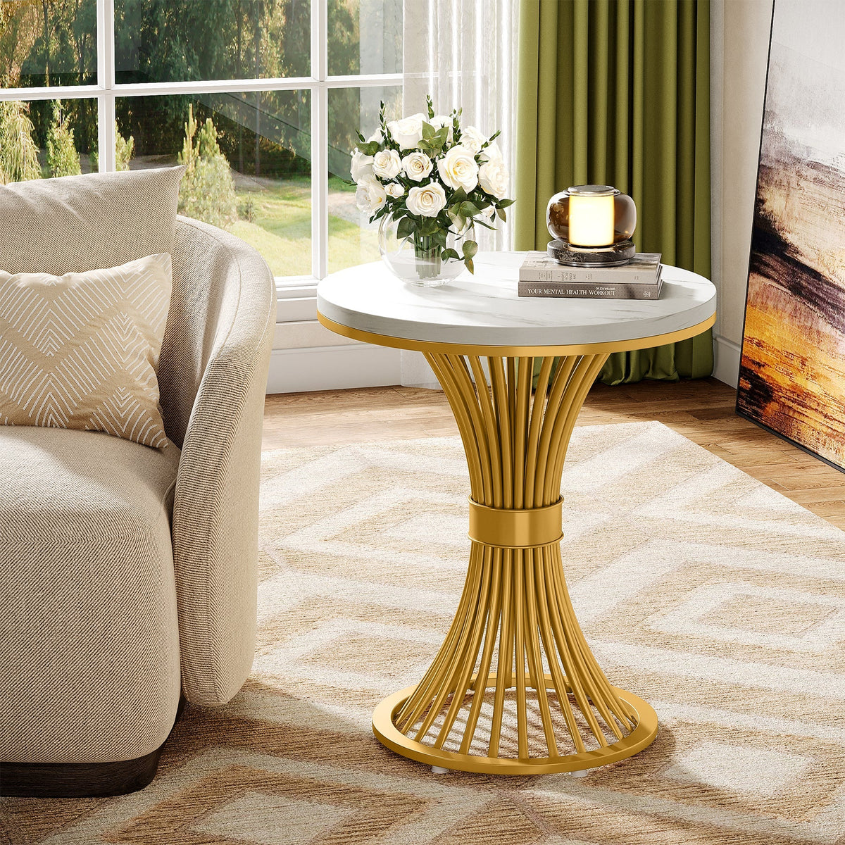 20" Round End Table with Faux Marble Top, White Side Table with Gold Metal Base