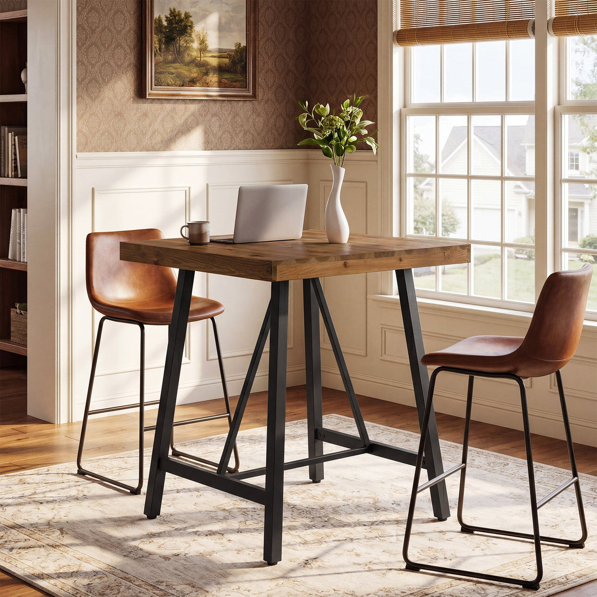 31.5-Inch Square Bar Table with Solid Wood Top and Metal Footrest, Industrial Pub Table for Home Bar Kitchen and Cafe