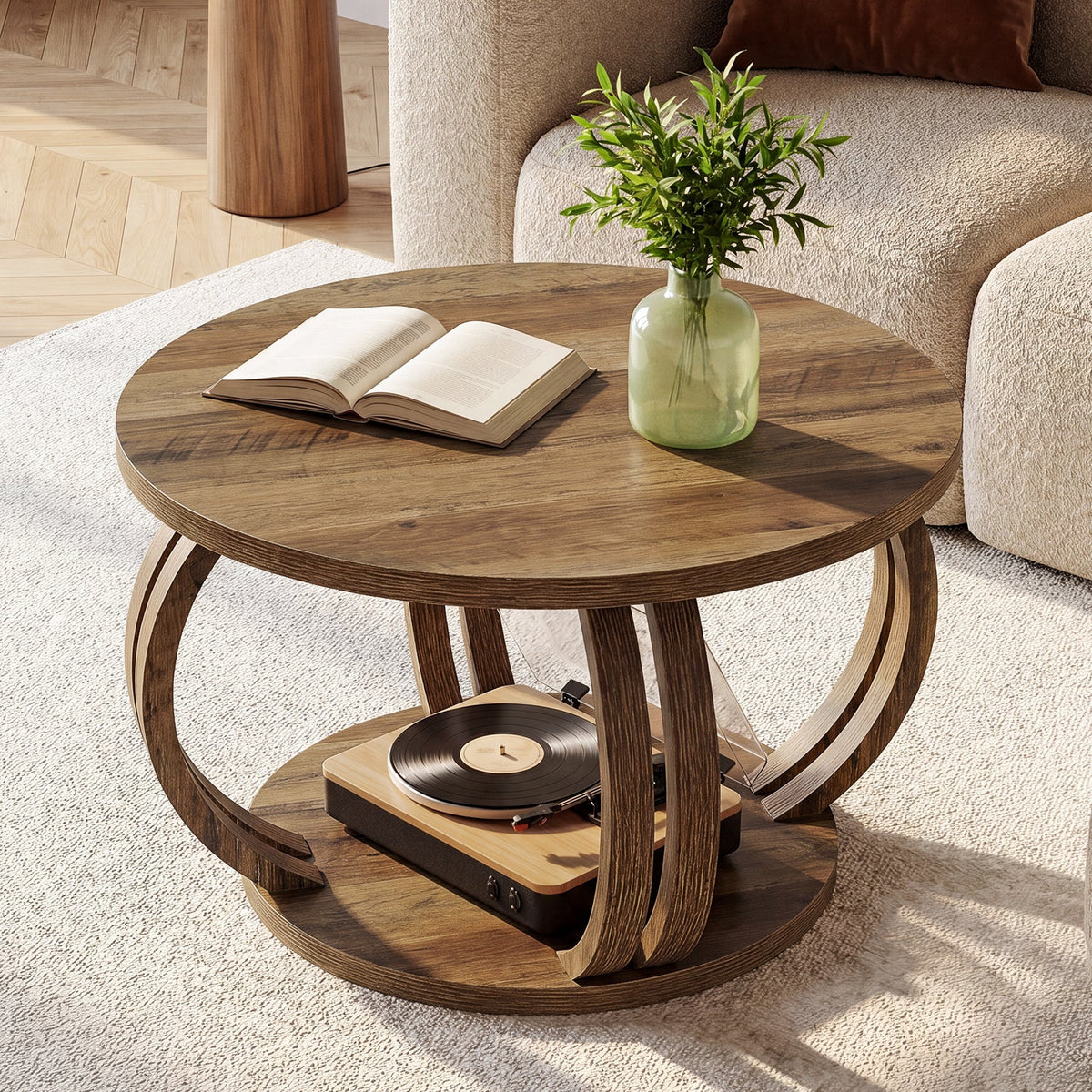 31.5 Inch Round Coffee Table with Storage, Sculptural Curved Base for Living Room