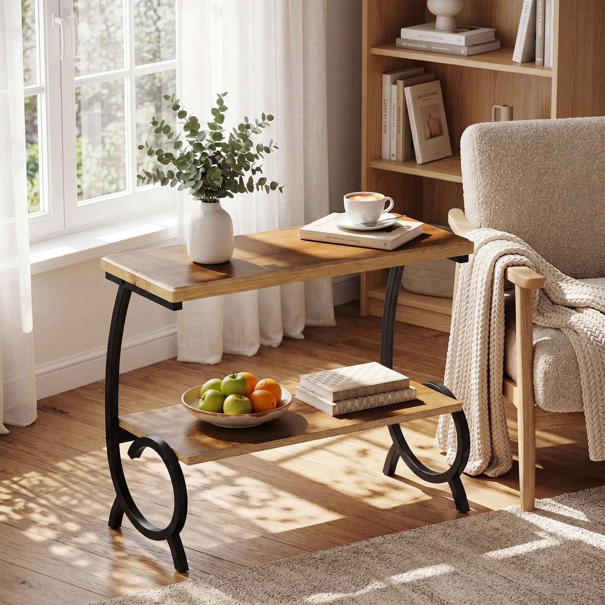 23.6-Inch Tall 2-Tier End Table, Narrow Couch Side Table with J-Shaped Metal Legs